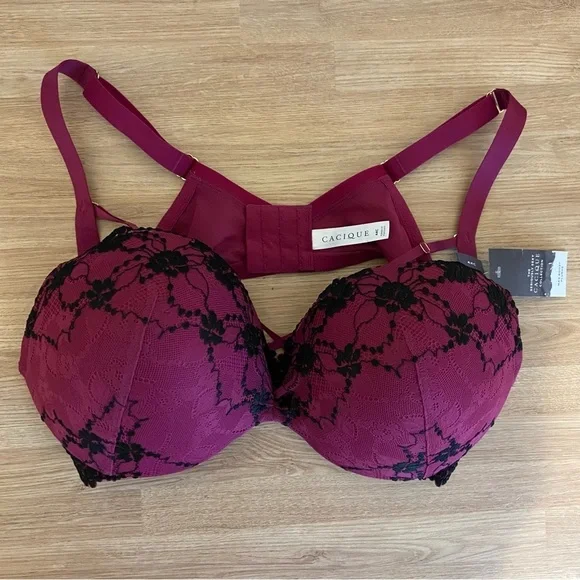 Cacique NWT Max Boost Plunge Lace Strappy Sexy Lace Bra Raspberry Black 44C - Picture 4 of 12